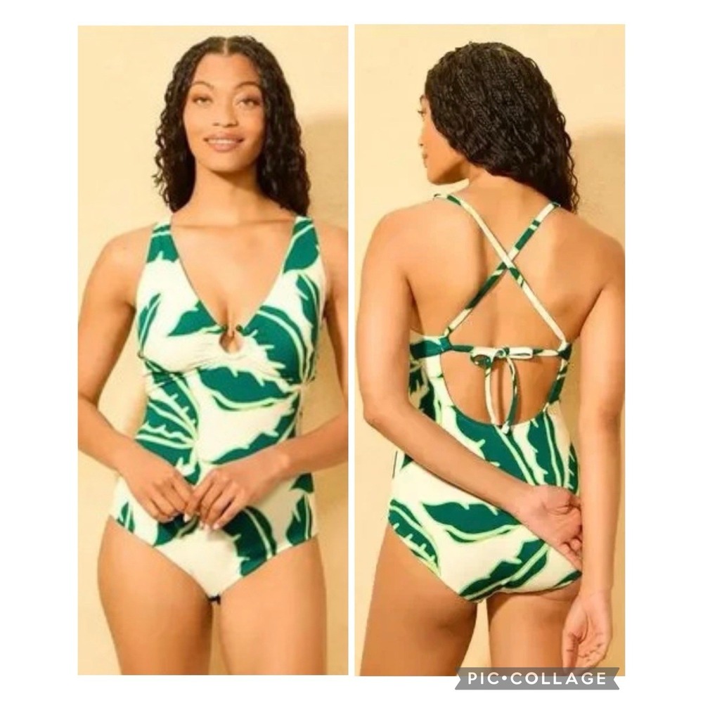 Shade & Shore Floral Tropical Green & White One Piece Swimsuit - Women's SMALL
